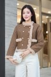  Áo khoác ngắn dạ Tweed phối lông cừu cổ tròn họa tiết nanh sói 