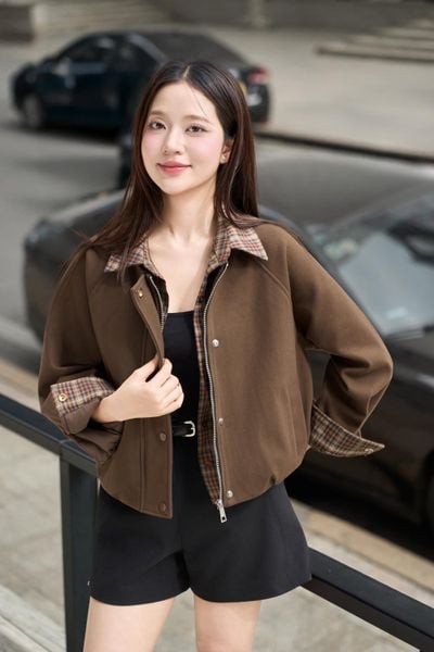 Áo khoác dạ ngắn Maddy phối cổ kẻ caro thời thượng 