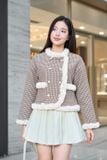  Áo khoác ngắn dạ Tweed phối lông cừu cổ tròn họa tiết nanh sói 