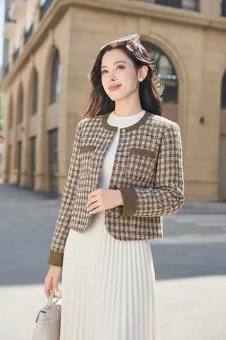 Áo khoác dạ Tweed dáng ngắn không cổ phối viền sang trọng