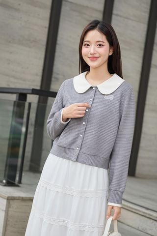 Áo cardigan len sọc dài tay phối cổ sen nữ tính