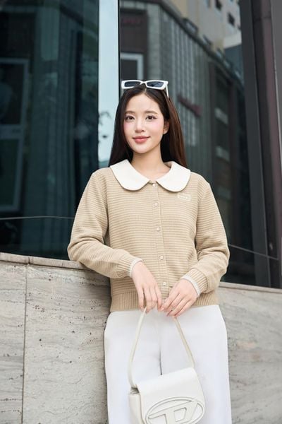  Áo cardigan len sọc dài tay phối cổ sen nữ tính 
