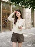  Áo kiểu dáng ôm dài tay cổ V nẹp cúc 