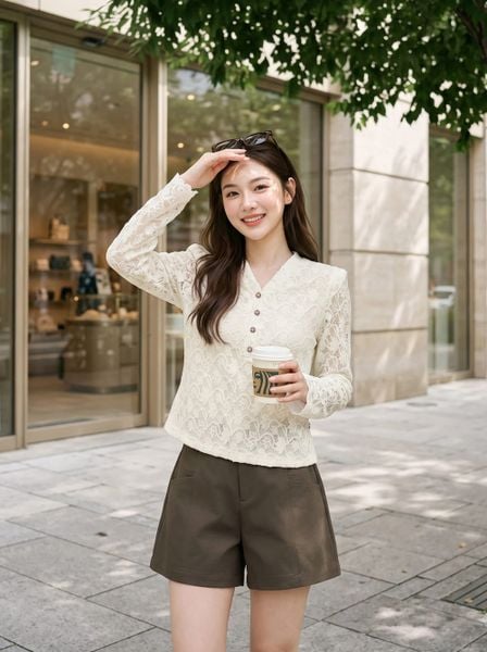  Áo kiểu dáng ôm dài tay cổ V nẹp cúc 