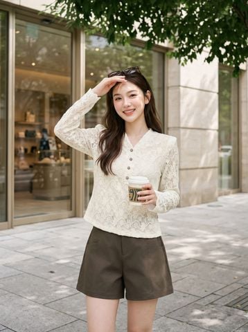Áo kiểu dáng ôm dài tay cổ V nẹp cúc