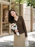  Áo kiểu dáng ôm dài tay cổ V nẹp cúc 