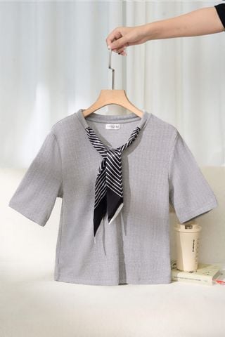 Áo thun tăm nữ Cardina tay lỡ cổ mix khăn