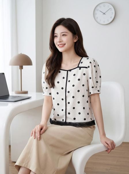  Áo kiểu chấm bi viền trang trí 