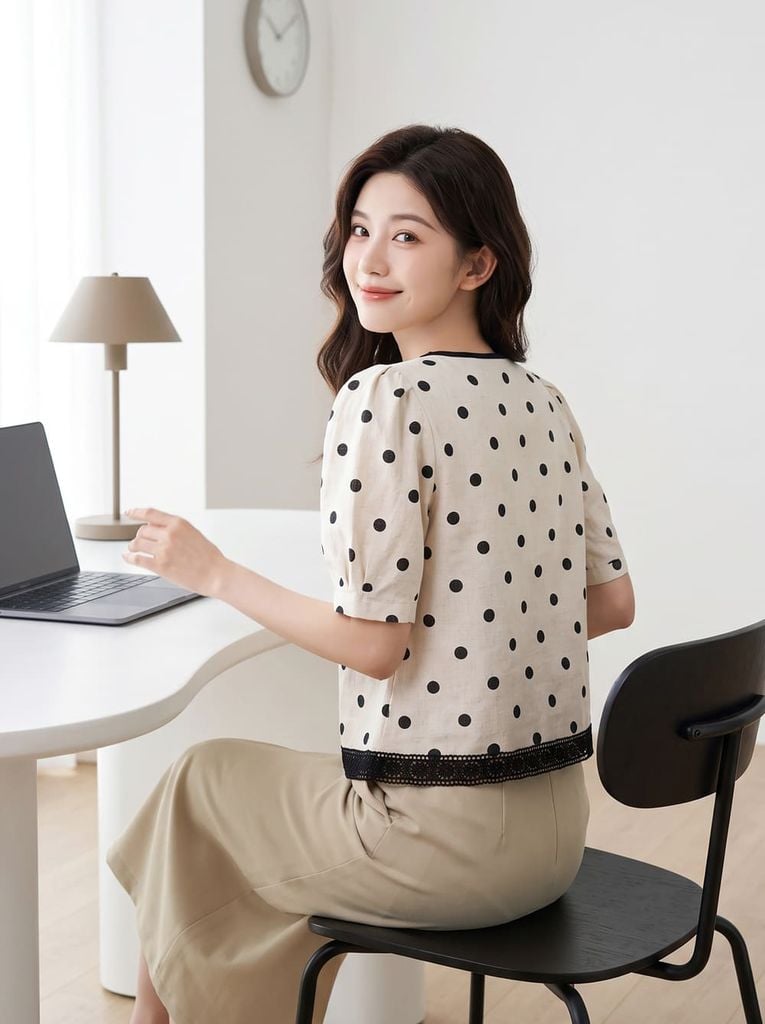  Áo kiểu chấm bi viền trang trí 