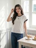  Áo thun họa tiết tay liền phối viền cổ tròn 