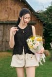  Áo thô thêu sát nách cổ tròn nhún eo thắt nơ 