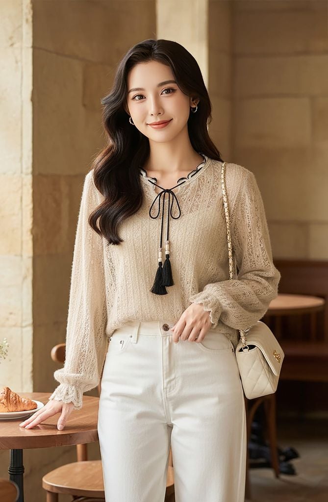  Áo kiểu nữ vải ren mềm tay dài phối cổ dây mộc 