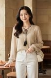  Áo kiểu nữ vải ren mềm tay dài phối cổ dây mộc 