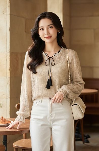  Áo kiểu nữ vải ren mềm tay dài phối cổ dây mộc 