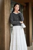  Áo cardigan dài tay cổ tròn phối gấu 