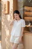  Áo blouse nữ thô thêu tay cộc cổ V phối cúc ngọc 