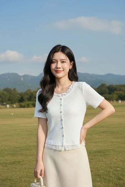  Áo tăm cotton tay cộc phối cổ tròn ren 