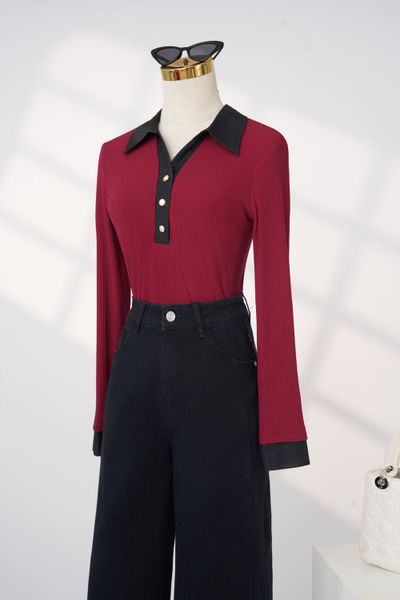  Áo dài tay dáng ôm phối cổ polo 