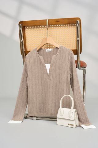 Áo len nữ dệt vặn thừng cổ V dài tay phối lớp