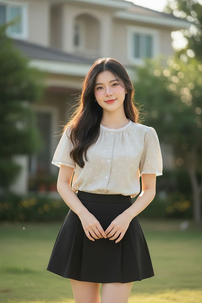  Áo sơ mi nữ vải thô tay bồng cổ tròn phối viền ren 