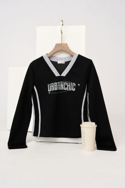  Áo thun nữ vải umi mềm dáng croptop dài tay cổ V phối màu 