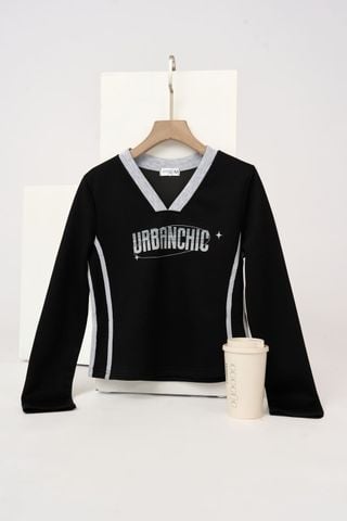 Áo thun nữ vải umi mềm dáng croptop dài tay cổ V phối màu