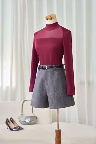 Áo len nữ vải len gân dài tay cao cổ phối lưới ngực