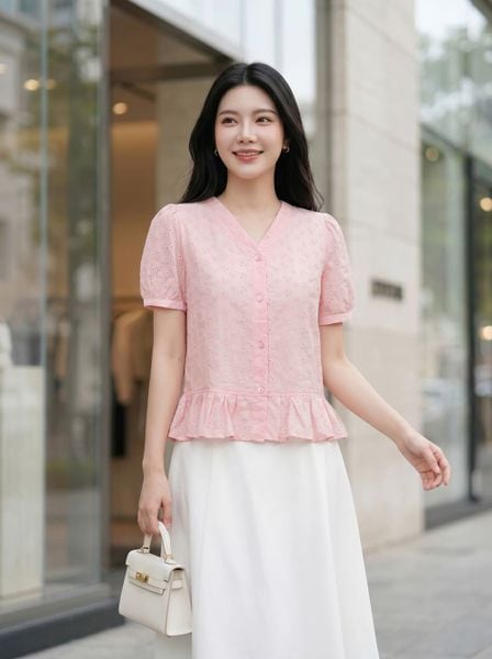  Áo thô thêu tay cộc cổ V gấu Peplum 