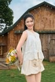  Áo thô thêu sát nách cổ tròn nhún eo thắt nơ 