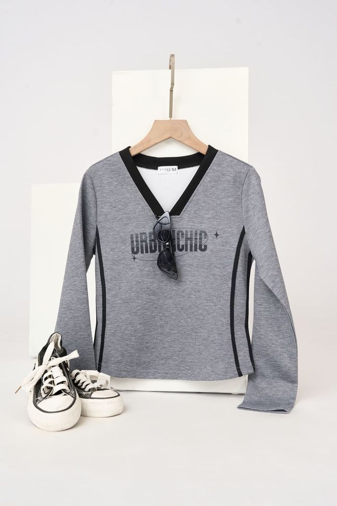  Áo thun nữ vải umi mềm dáng croptop dài tay cổ V phối màu 