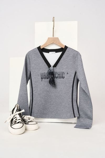  Áo thun nữ vải umi mềm dáng croptop dài tay cổ V phối màu 