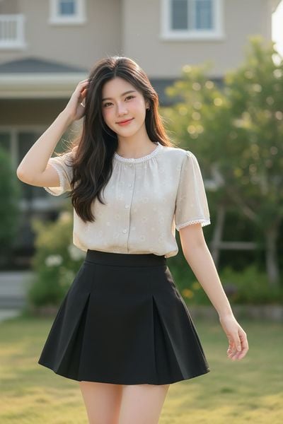  Áo sơ mi nữ vải thô tay bồng cổ tròn phối viền ren 