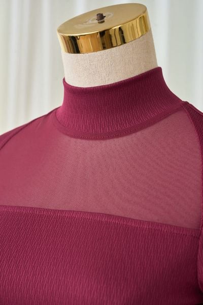  Áo len nữ vải len gân dài tay cao cổ phối lưới ngực 