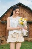 Áo thô thêu sát nách cổ tròn nhún eo thắt nơ 