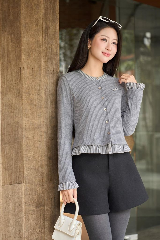  Áo nỉ nữ lông cừu sọc to cổ tròn phối gấu giả sơ mi 