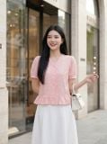  Áo thô thêu tay cộc cổ V gấu Peplum 