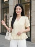 Áo thô thêu tay cộc cổ V gấu Peplum 