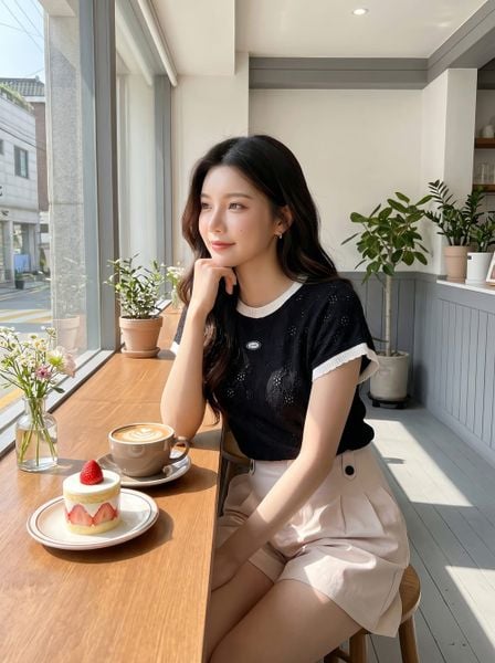  Áo thun họa tiết tay liền phối viền cổ tròn 