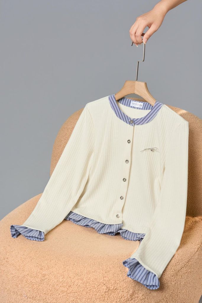  Áo nỉ nữ lông cừu sọc to cổ tròn phối gấu giả sơ mi 