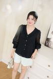  Áo Sơ Mi Nữ Dài Tay Vải Tơ Nhung Họa Tiết Tim Cổ V Phối Bèo 