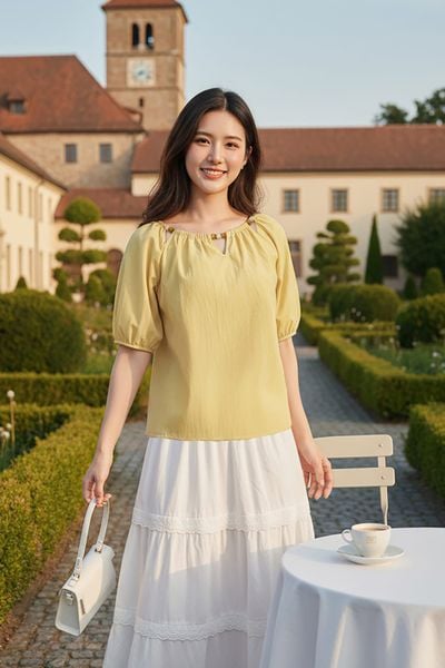  Áo tay cộc cổ thuyền rút nhún phối cách điệu chất thô gió 