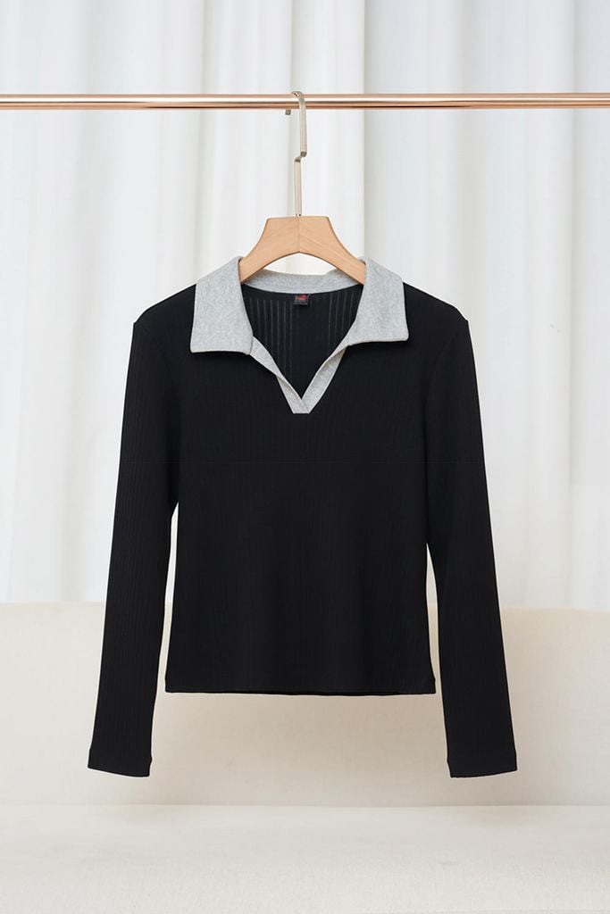  Áo nỉ nữ lót lông cừu dáng cổ bẻ chữ V kẻ tăm 