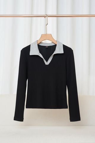 Áo nỉ nữ lót lông cừu dáng cổ bẻ chữ V kẻ tăm