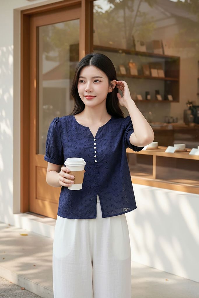  Áo blouse nữ thô thêu tay cộc cổ V phối cúc ngọc 
