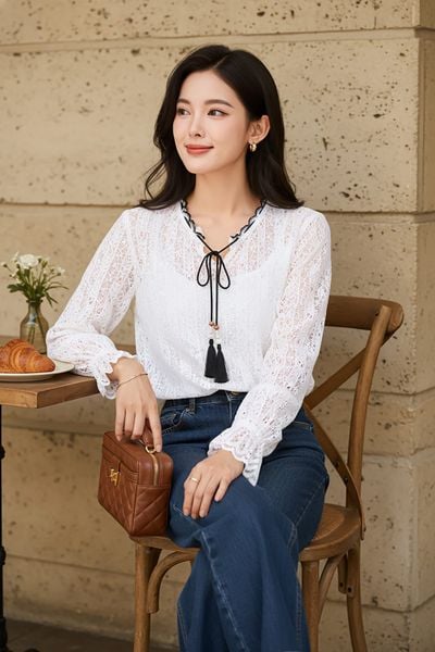  Áo kiểu nữ vải ren mềm tay dài phối cổ dây mộc 