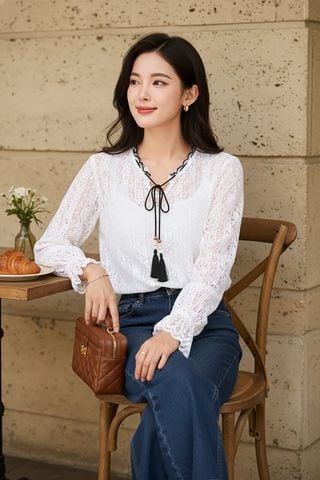 Áo kiểu nữ vải ren mềm tay dài phối cổ dây mộc