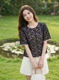  Áo kiểu nữ ren thêu tay lỡ cổ tròn dáng suông có lót 