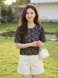  Áo kiểu nữ ren thêu tay lỡ cổ tròn dáng suông có lót 
