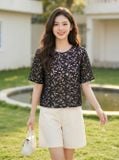  Áo kiểu nữ ren thêu tay lỡ cổ tròn dáng suông có lót 