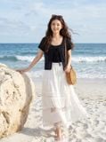  Áo kiểu thun tay cộc cổ tròn buộc dây 